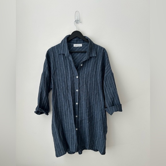 Lagenlook cieolo blue linen oversized blue stripes top - Picture 1 of 11
